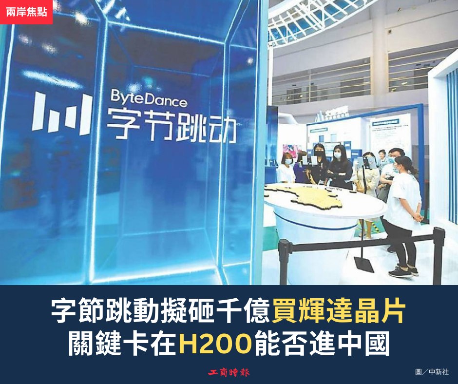 工商時報 - 中國科技巨頭字節跳動計劃在2026年支出約人民幣1,000億元購買輝達AI晶片，較2025年的約850億... | Facebook
