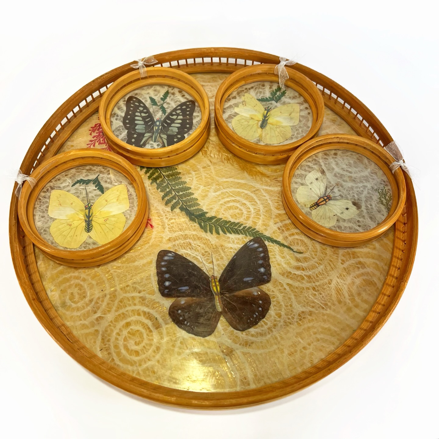 Vintage bamboo butterfly tray and coaster set $19.95  display picture 1