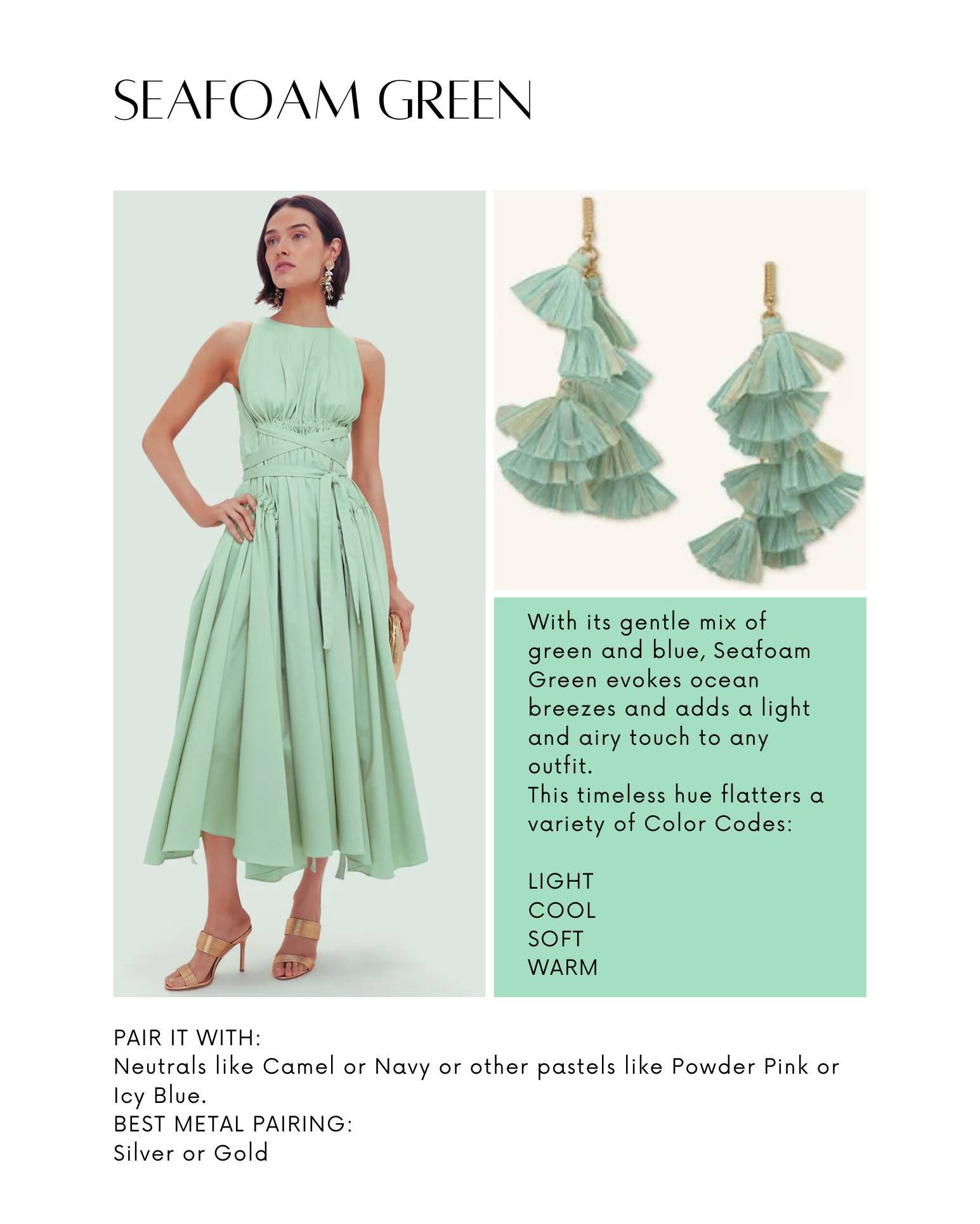what color shoes to wear with seafoam green dress Since it's August, this one just feels right… 🌊 Somewhere between blue and green, seafoam is said represent calm, clarity, renewal and that peaceful feeling we get around water. And what colour goes with mint green dress