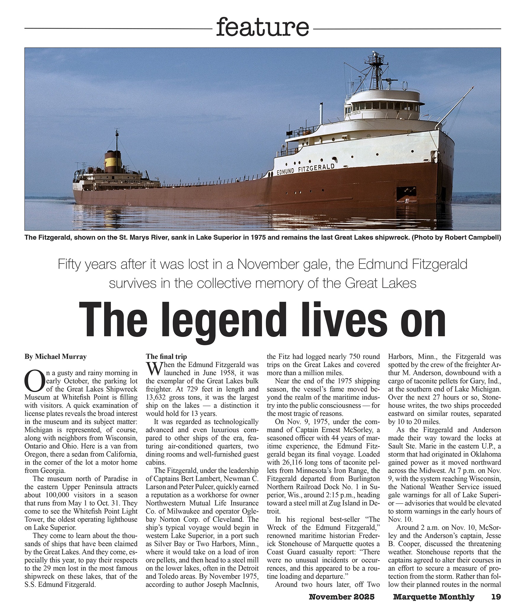 Marquette - In honor of the men who died on the Edmund Fitzgerald 50 ...