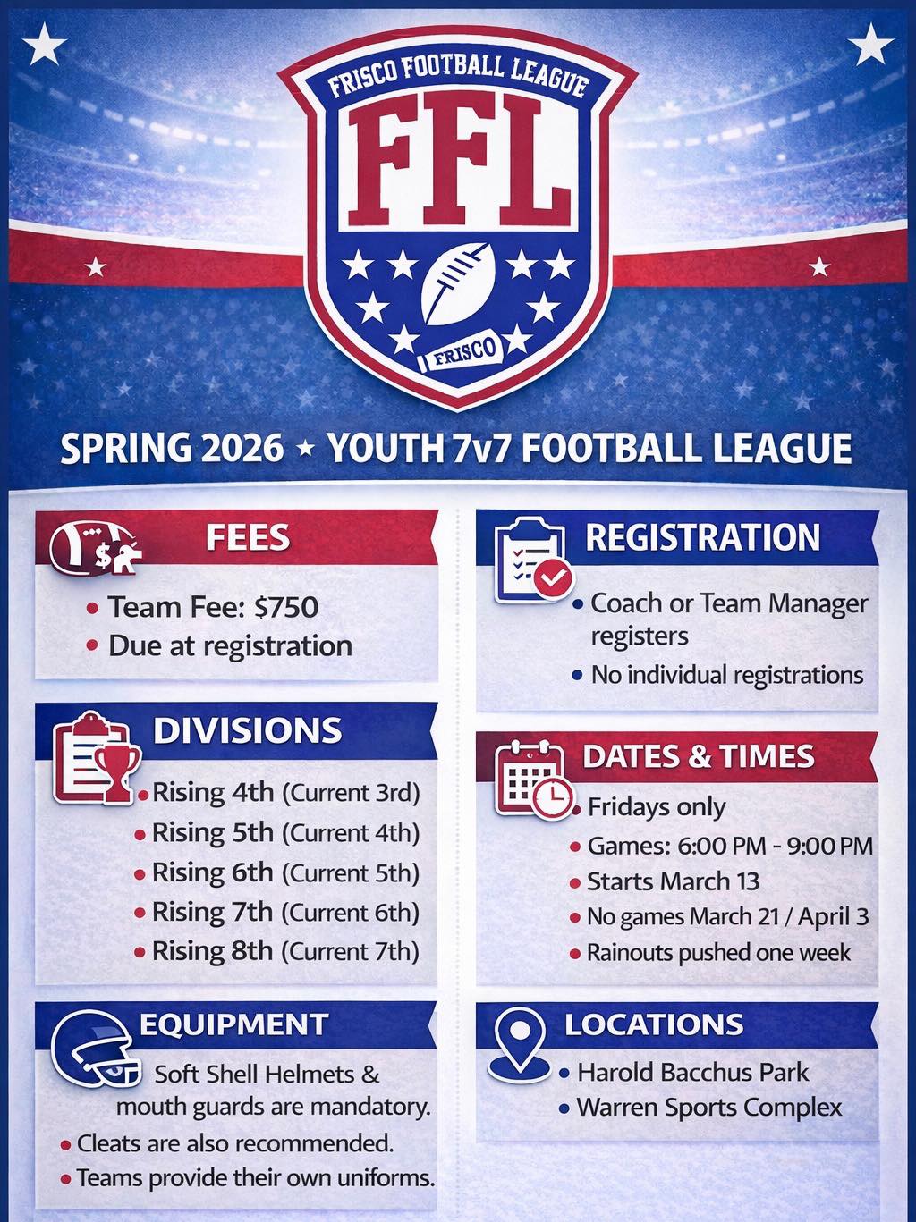 Frisco - FFL 7v7 IS BACK 🔥🏈 Spring 2026 | Friday nights Teams only ...