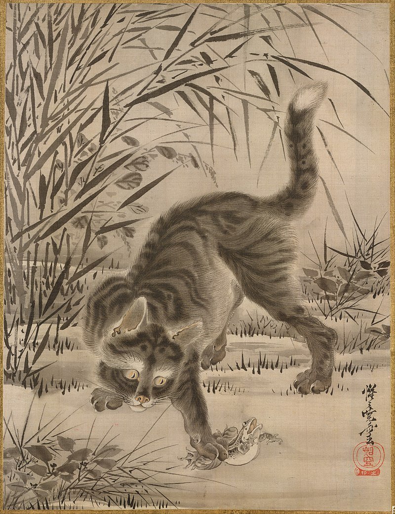 😻🐸Cat Catching a Frog by Kawanabe Kyōsai (1887)
