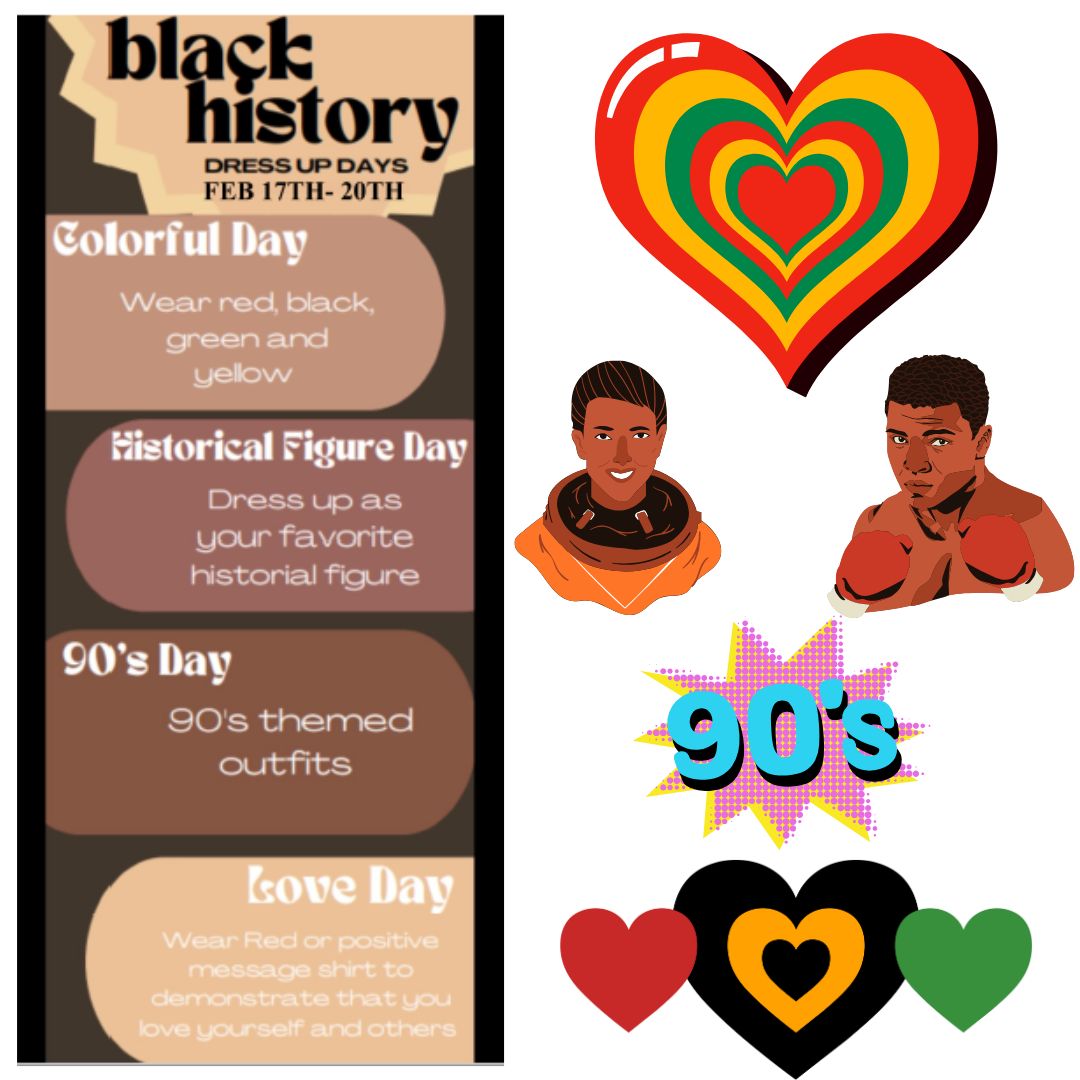 February is Black History Month, and we would love for our Tigers to join us for some fun dress up days! Tuesday, Feb. 17: Wear red, green, yellow, and black Wednesday, Feb