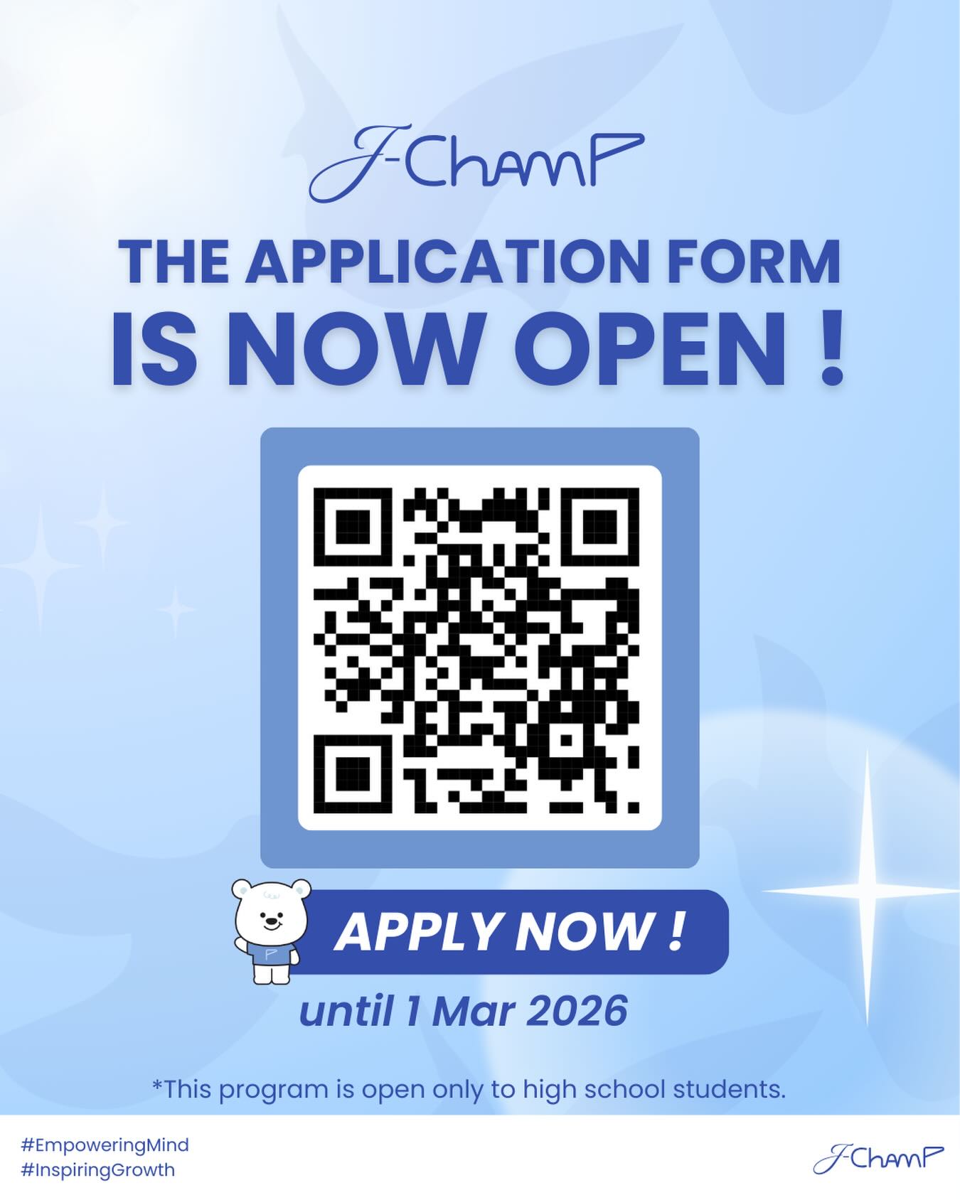 Champ - The application form is now OPEN! 📌 Junior ChAMP 2026 Scan the ...