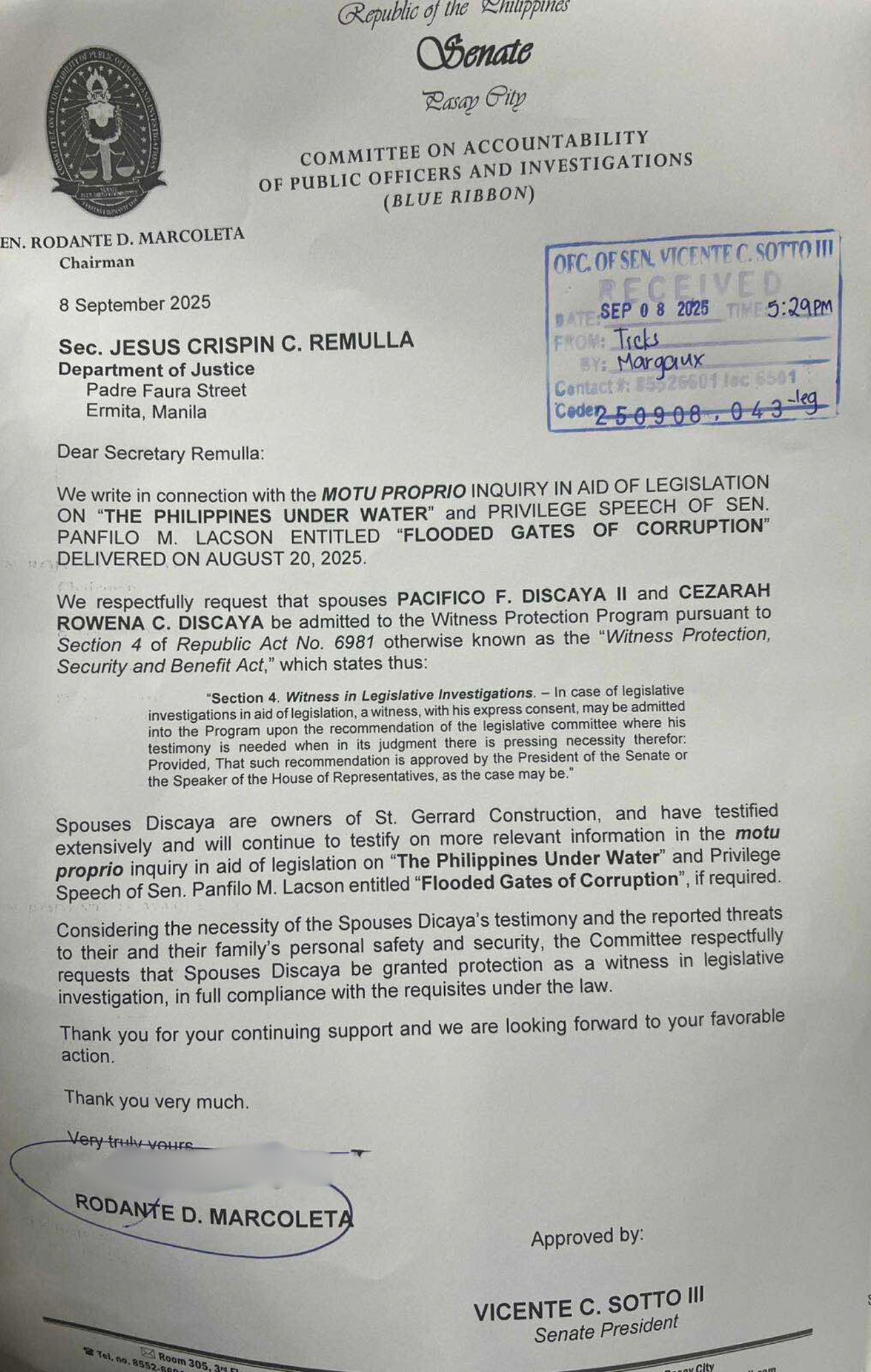 ONE - Senate President Tito Sotto did not sign Senator Rodante ...