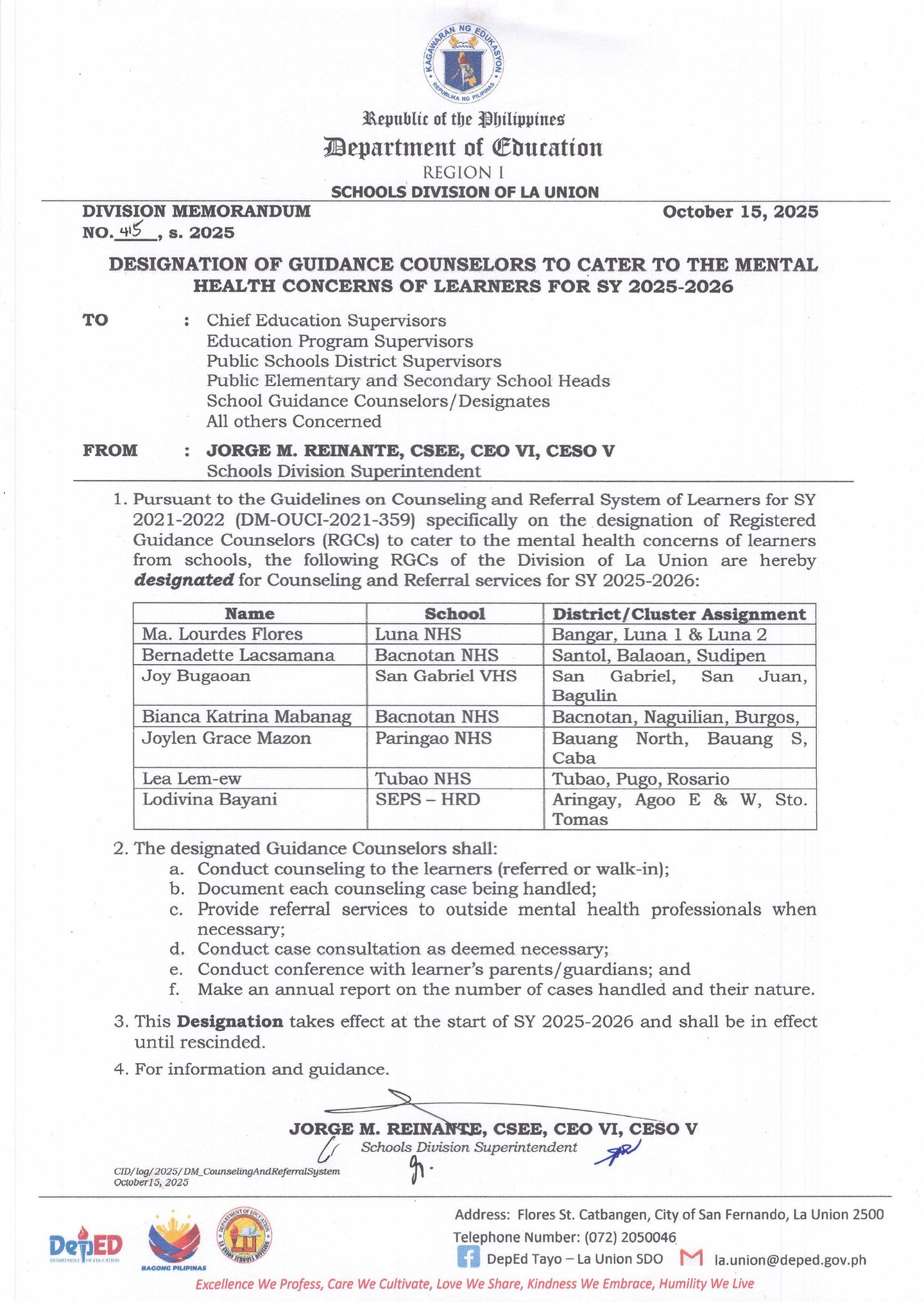 DepEd - Division Memorandum No. 415, s. 2025 DESIGNATION OF GUIDANCE ...
