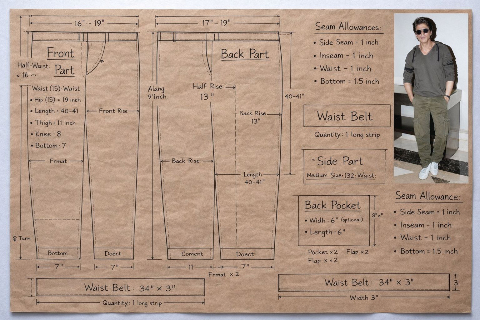 Usha - “Men’s Cargo Pant Cutting Pattern Layout (Medium Size – 32 Waist ...