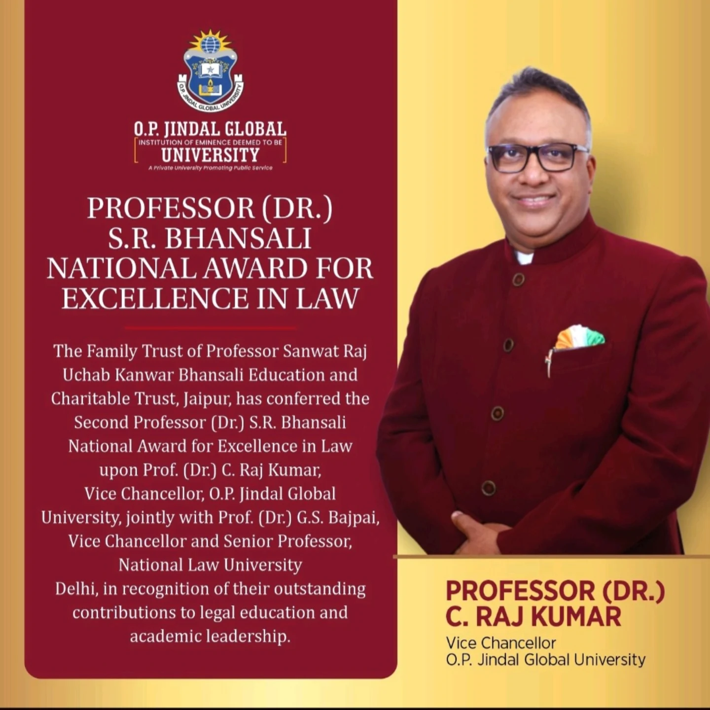 Jindal - We are proud to share that Prof. (Dr.) C. Raj Kumar, Vice ...