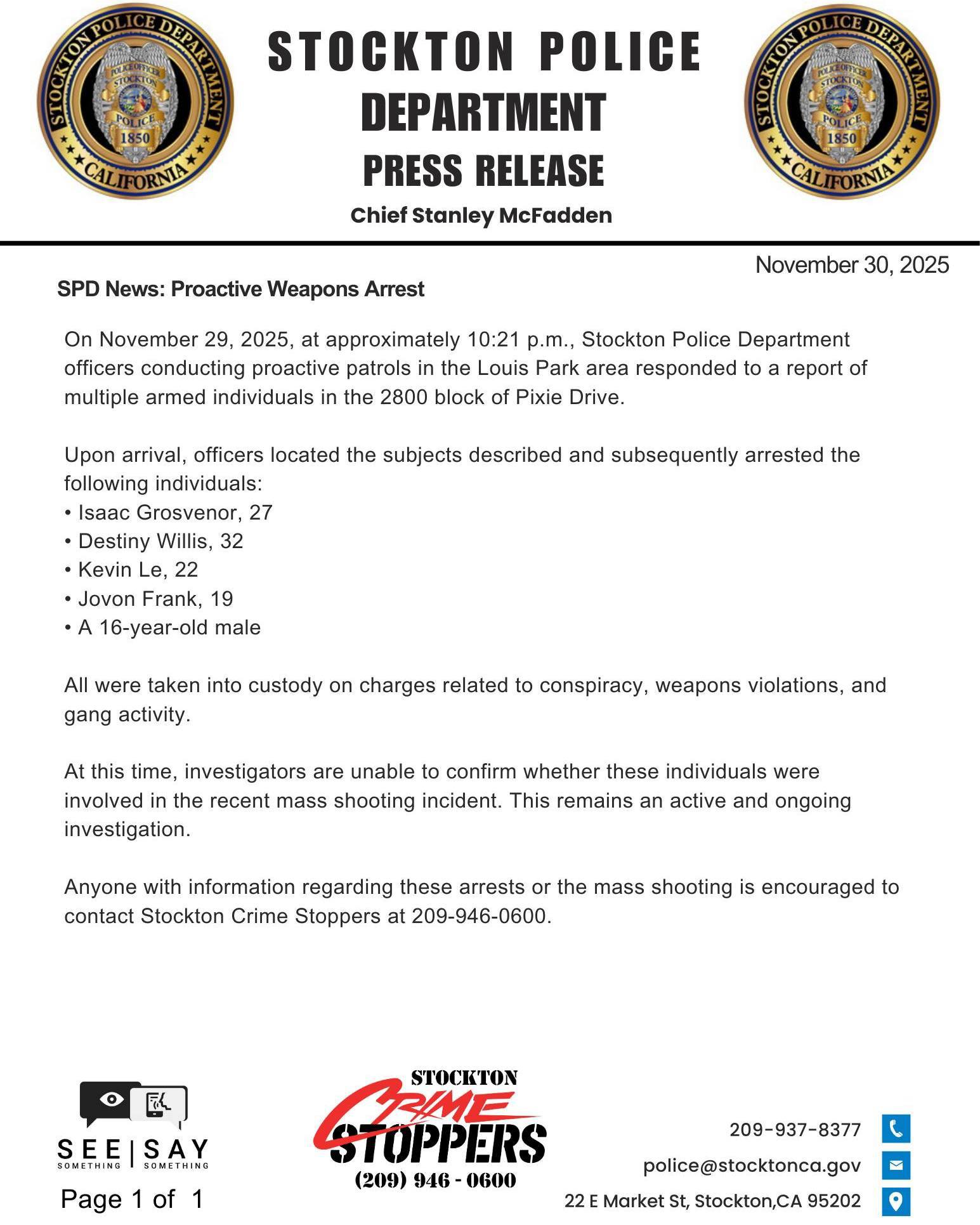 Stockton - SPD News: Proactive Weapons Arrest On November 29, 2025, at ...