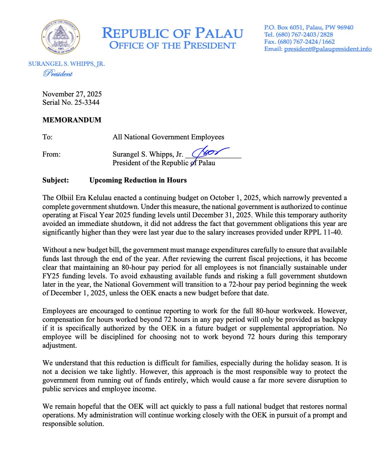 Office - PRESIDENT ANNOUNCES TEMPORARY SHIFT TO 72-HOUR PAY PERIOD TO ...