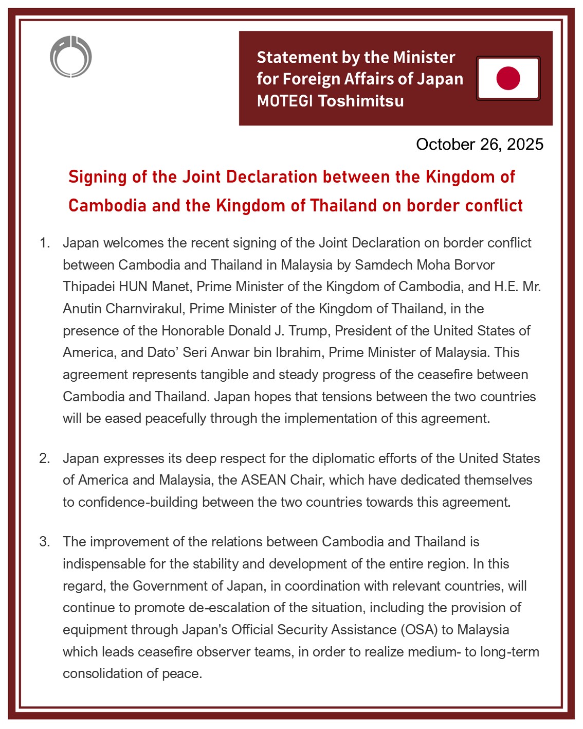 Ministry - FM MOTEGI issued the following statement on signing of the ...