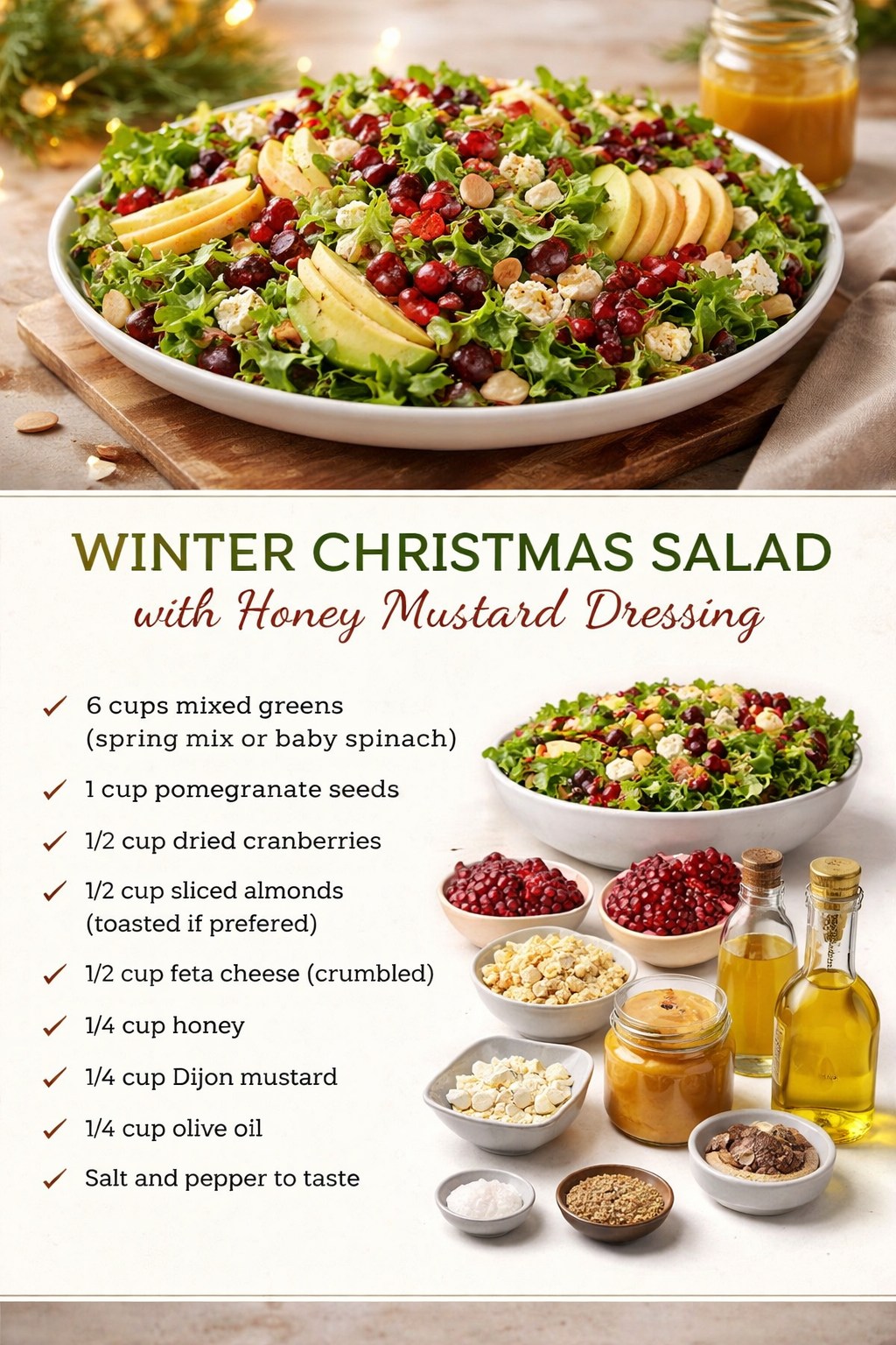 christmas salad with honey mustard dressing half baked harvest ingredients Dressing: simple to put together, healthy, and pairs perfectly with just about any meal! https://www. halfbakedharvest.com/christmas-salad Feta salad
