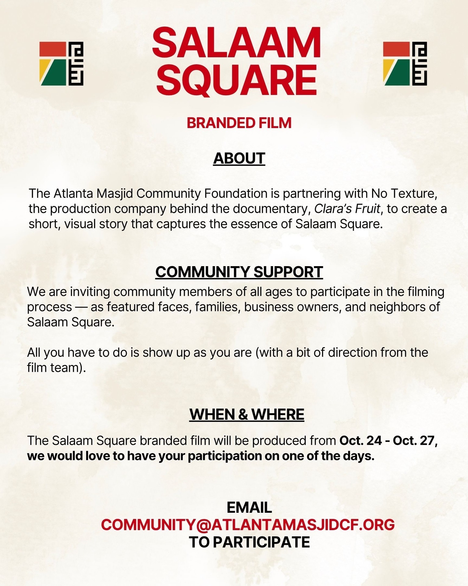 Atlanta - On Oct 24th after jumuah be a part of the Salaam Square film ...