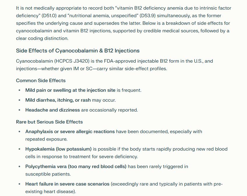 cpt code for b12 injection administration Help with billing injections using J3420 and 96372 codes Vitamin B12 deficiency Treatment:12 Months Vitamin B12 Injections: Good