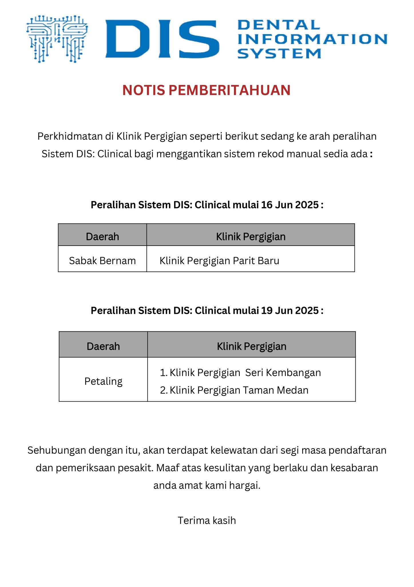 Bahagian - NOTIS PEMBERITAHUAN Untuk makluman, Perkhidmatan di Klinik ...