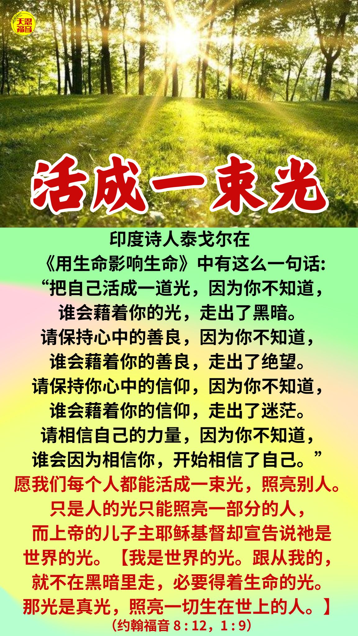 TN 福音网 - 上帝的儿子主耶稣基督是世界的光。跟从主的，就不在黑暗里走，必要得着生命的光。愿我们的生命都能因主活成... | Facebook
