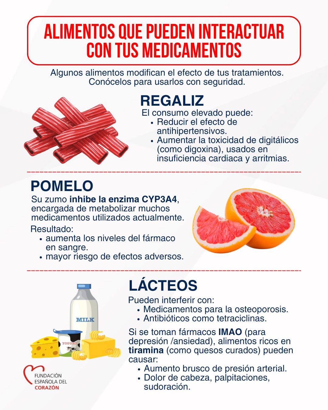 🔎 ¿Sabías que algunos alimentos pueden modificar el efecto de tus medicamentos? Además de ciertos productos concretos, existen otras interacciones importantes que conviene conocer: 🟦 Suplementos vitamínicos y minerales Tomarlos sin supervisión