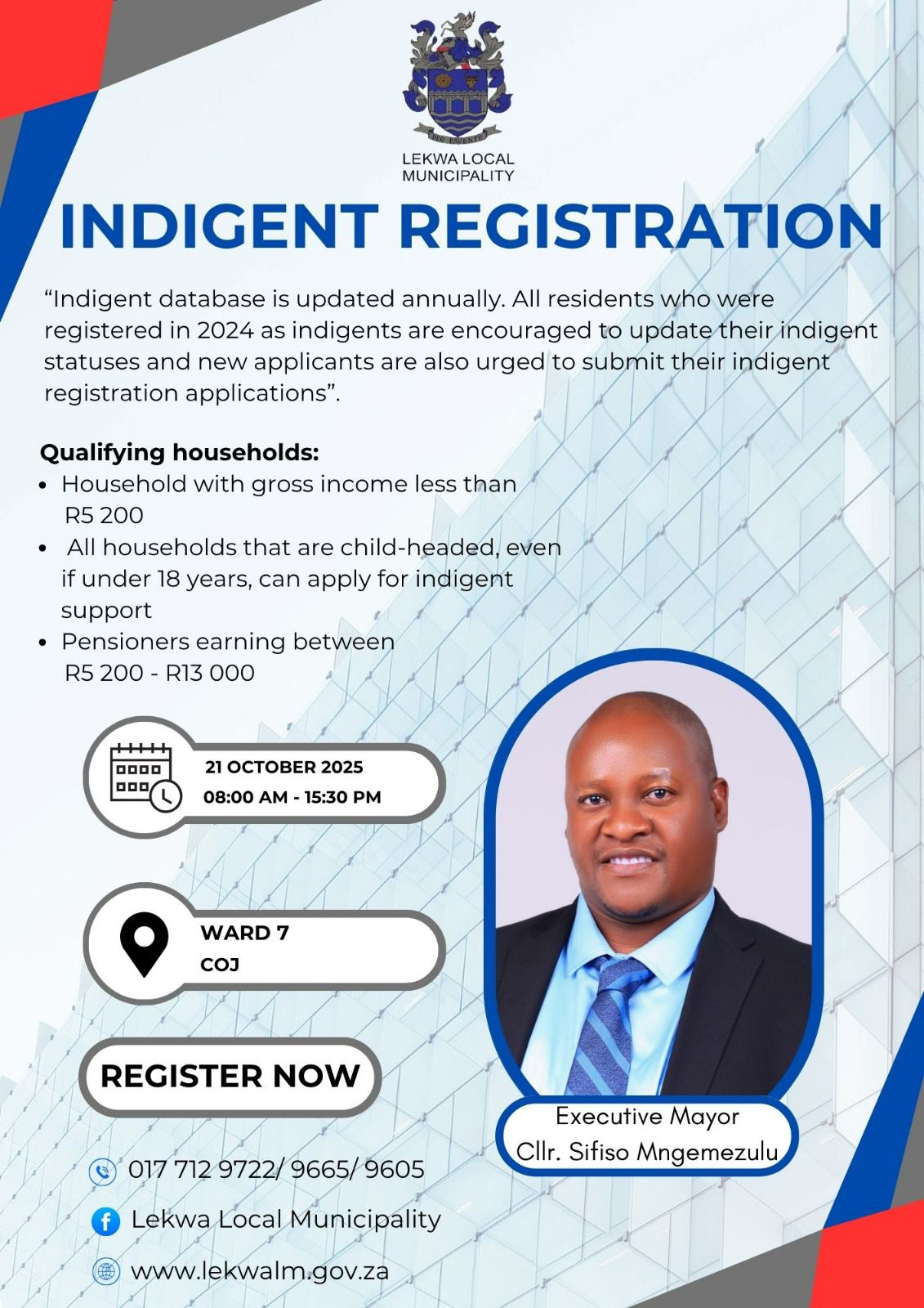 Lekwa - 2025:10:21 Ward 7 residents, please note that the Indigent ...