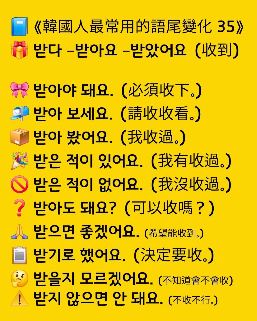 金老師的韓國語 - 📘 《韓國人最常用的語尾變化 35》 🎁 받다 – 받아요 – 받았어요（收到） 🎀 받아야 돼요.（必須收下。） 📬 ...