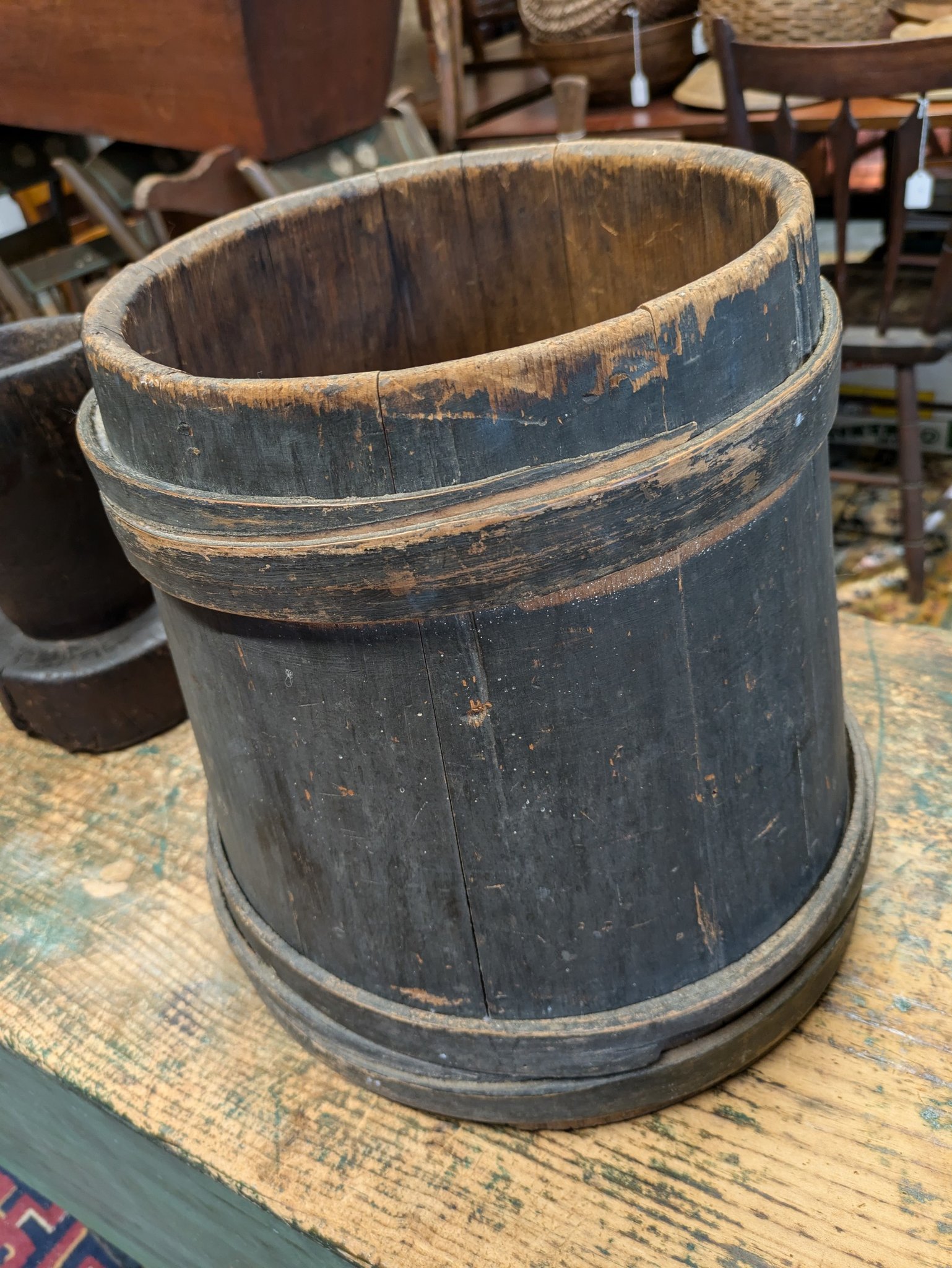 Antiques - Bluish green lap banded handleless bucket. White pine. SOLD ...