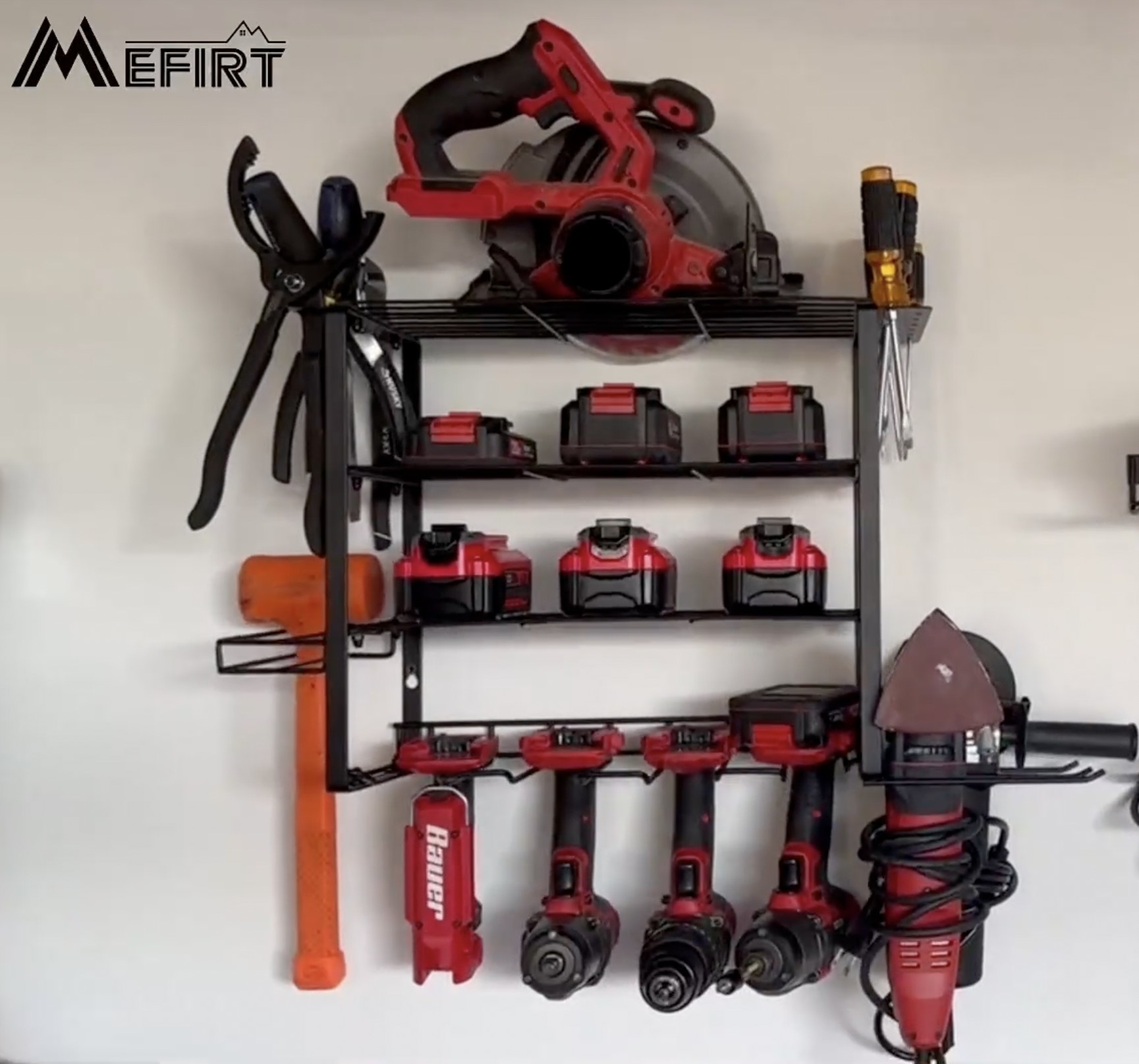 YFFSRJDJ Heavy Duty Garage Tool Organizer With Power Strip & 'King Of Garage' Sign, 4-Tier Wall Rack