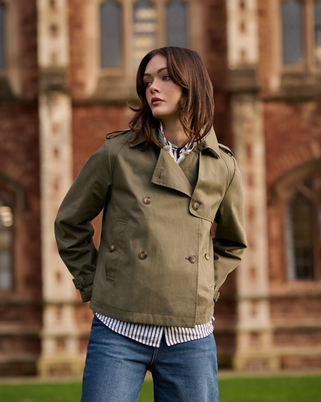 The Short Trench Coat in Dusty Olive Green.