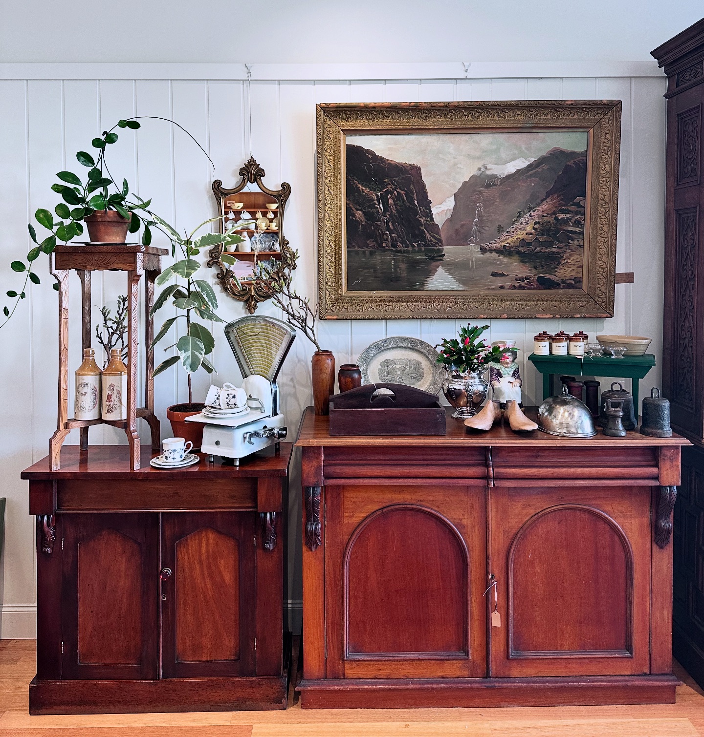 2 Victorian sideboards, side by side, like big brother and little 