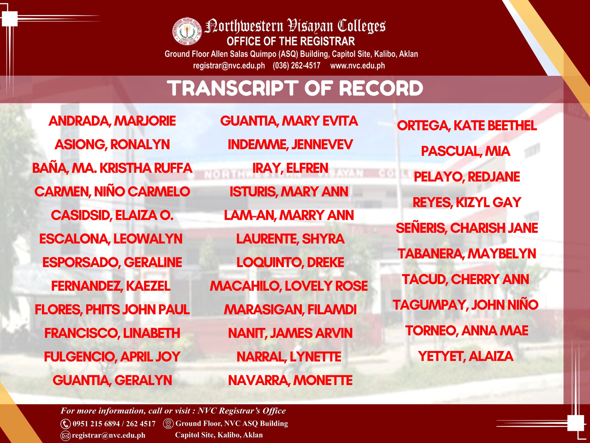 Northwestern - Good day! Here is the list of Transcript of Records (TOR ...