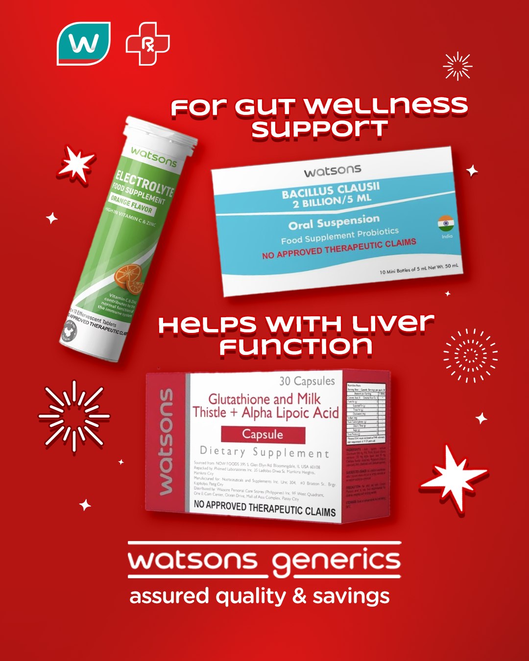 Indulge in your holiday feast faves while still making sure your liver and gut are getting the right care! MAHALAGANG PAALALA: ANG WATSONS BACILLUS CLAUSI, WATSONS ELECTROLYTE, AT WATSONS GLUTATHIONE AND MILK