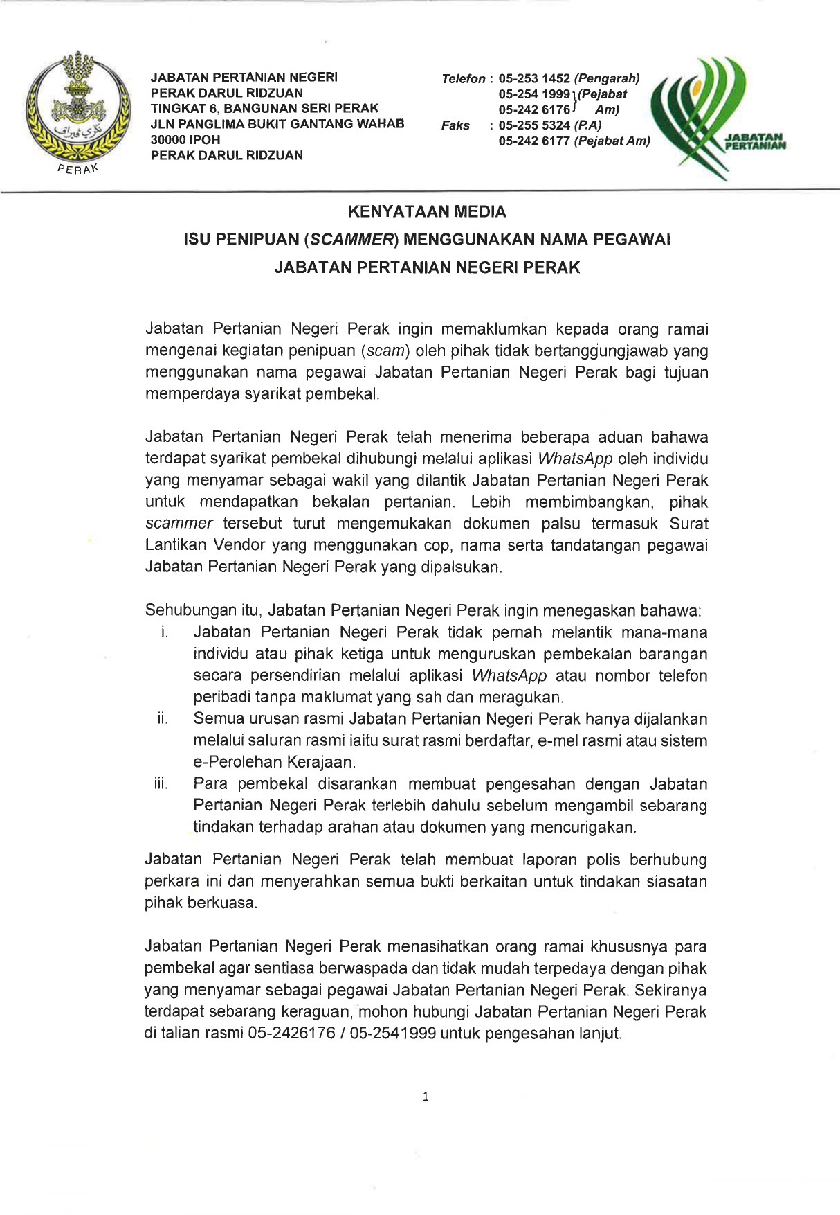 KENYATAAN MEDIA ISU... - Jabatan Pertanian Negeri Perak | Facebook