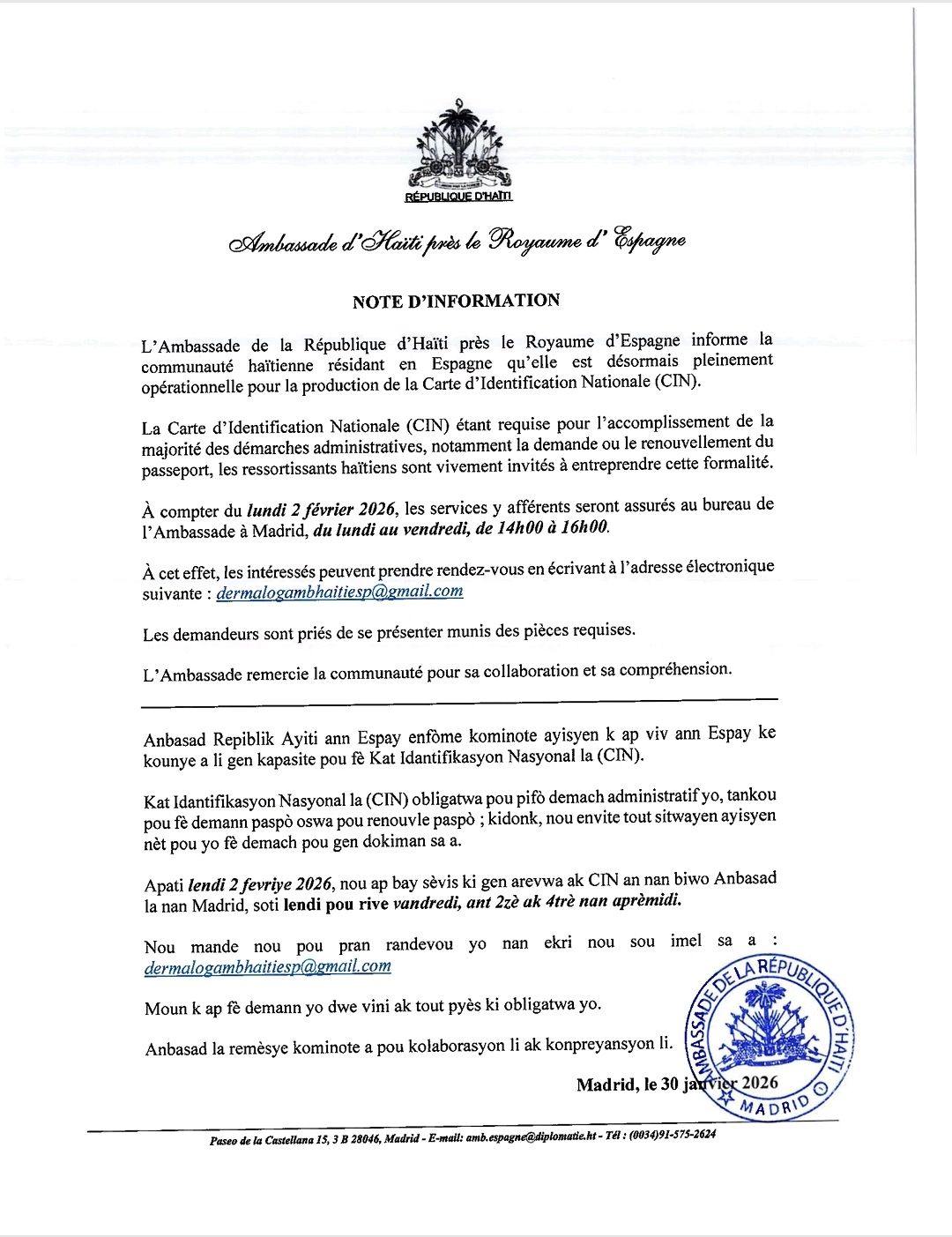 L’Ambassade d’Haïti informe la communauté haïtienne résidant en Espagne ...
