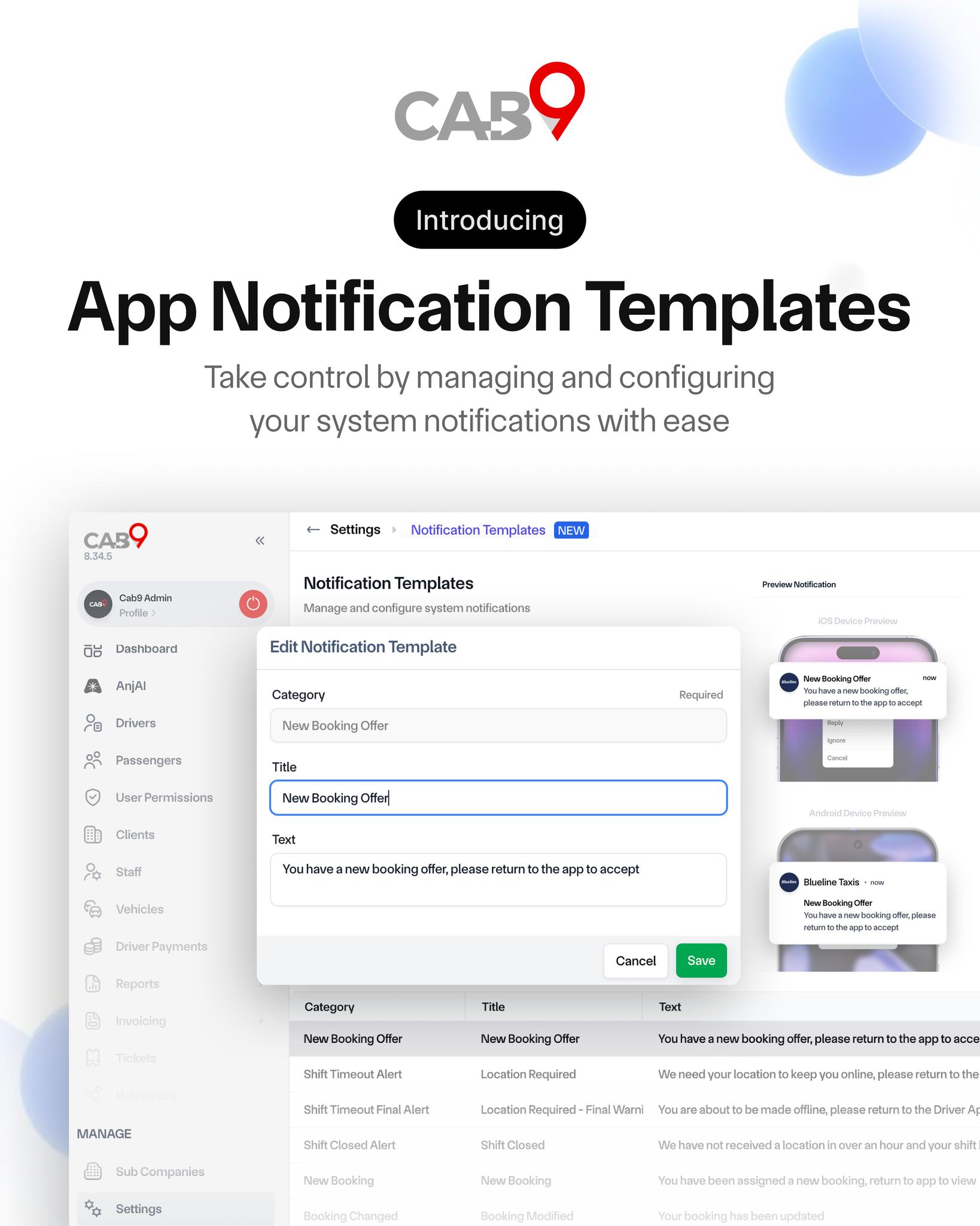 Cab9 - Introducing App Notification Templates 💬 Our team have added a ...