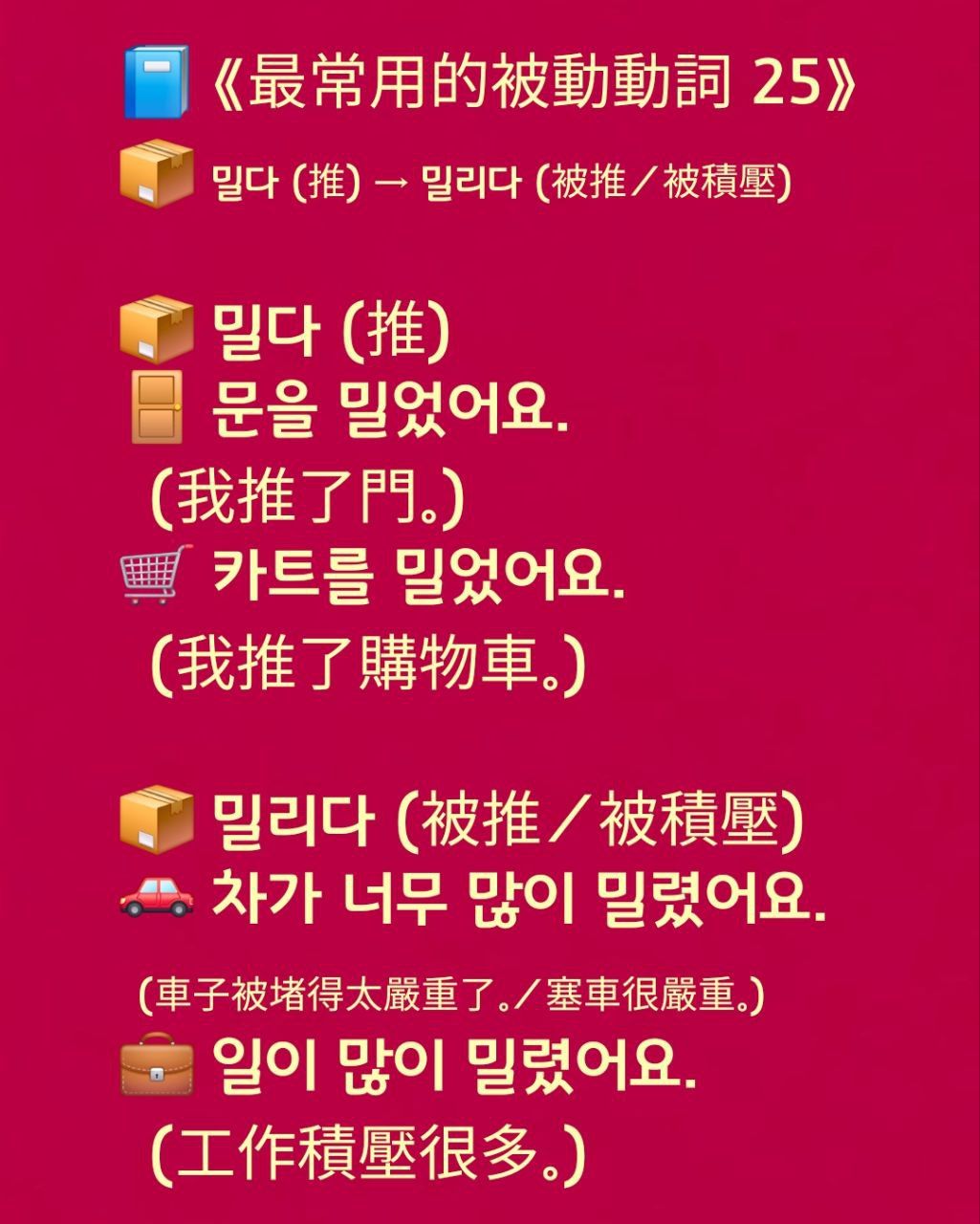 金老師的韓國語 - 📘 《最常用的被動動詞 25》 📦 밀다 (推) → 밀리다 (被推／被積壓) 📦 밀다 (推) 🚪 문을 밀었어요 ...