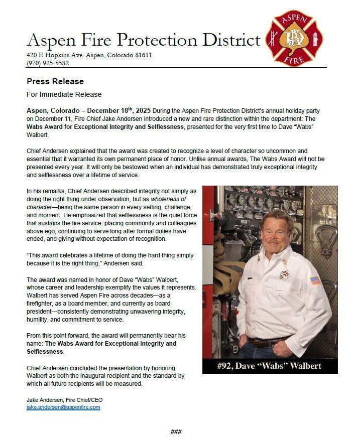 Aspen - 🏅 Aspen Fire Honors Dave “Wabs” Walbert with New Award for ...