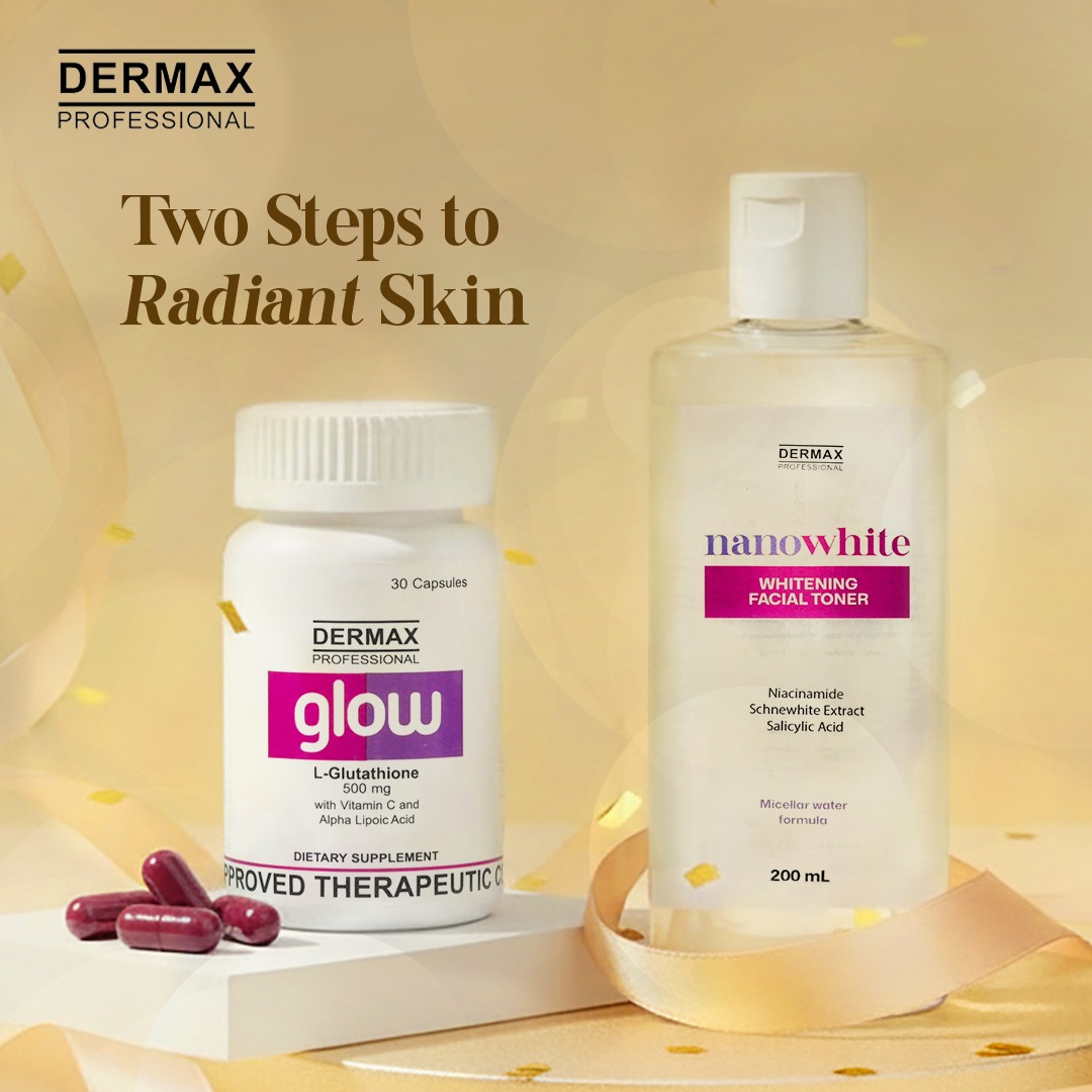 Radiant skin doesn't have to be complicated. With just 2 simple steps, you can glow from the inside out. 𝑩𝒖𝒚 𝑮𝒍𝒐𝒘 𝑪𝒂𝒑𝒔𝒖𝒍𝒆𝒔 + 𝑭𝑹𝑬𝑬 𝑵𝒂𝒏𝒐𝑾𝒉𝒊𝒕𝒆 𝑻𝒐𝒏𝒆𝒓 𝒘𝒐𝒓𝒕𝒉 ₱350! 🧬DermaxPro is the official