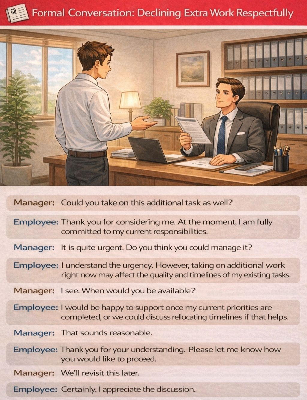 Learning - 🧾 Formal Conversation: Declining Extra Work Respectfully ...