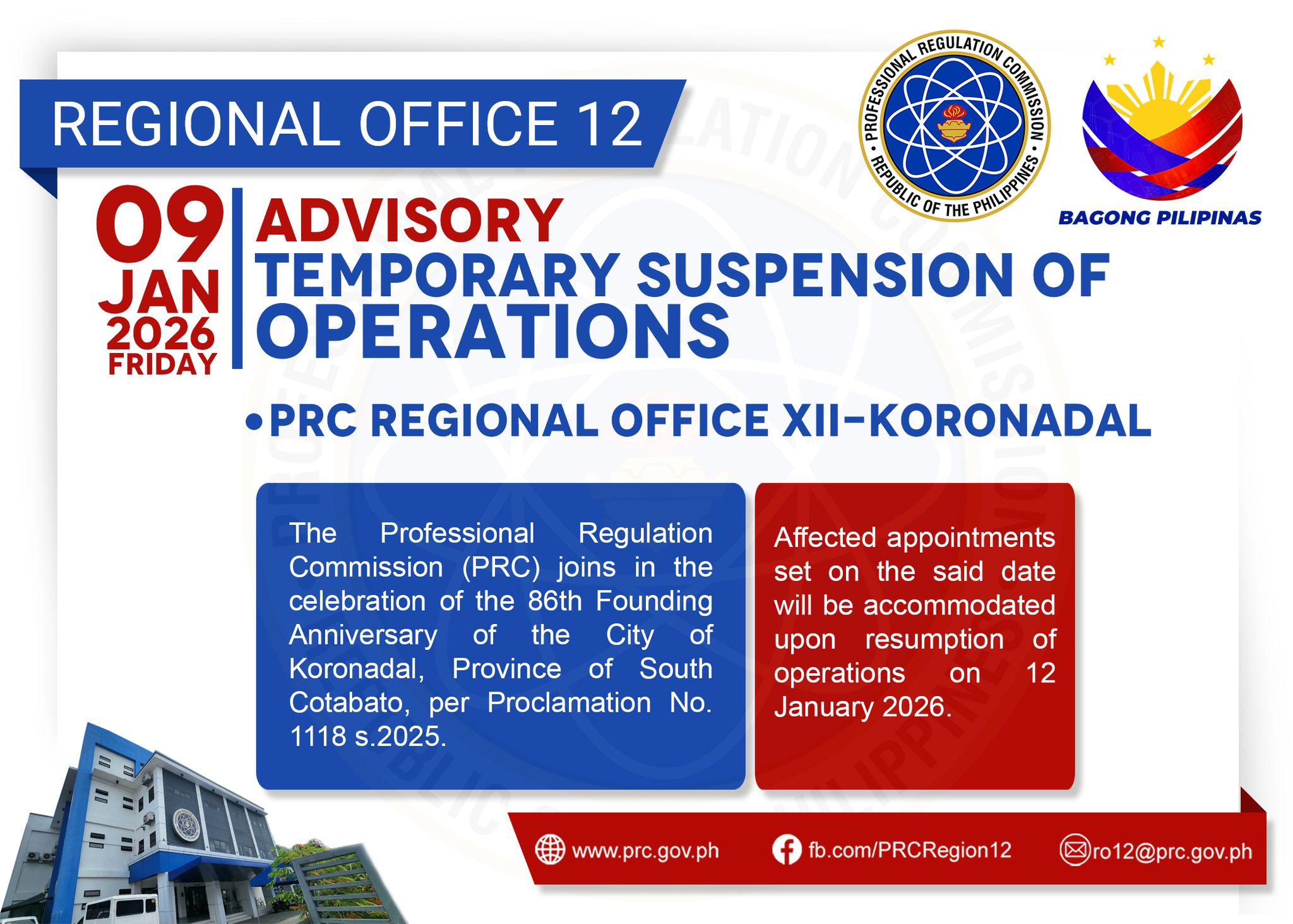PRC - ADVISORY TEMPORARY SUSPENSION OF OPERATIONS 9 JANUARY 2026 FRIDAY ...
