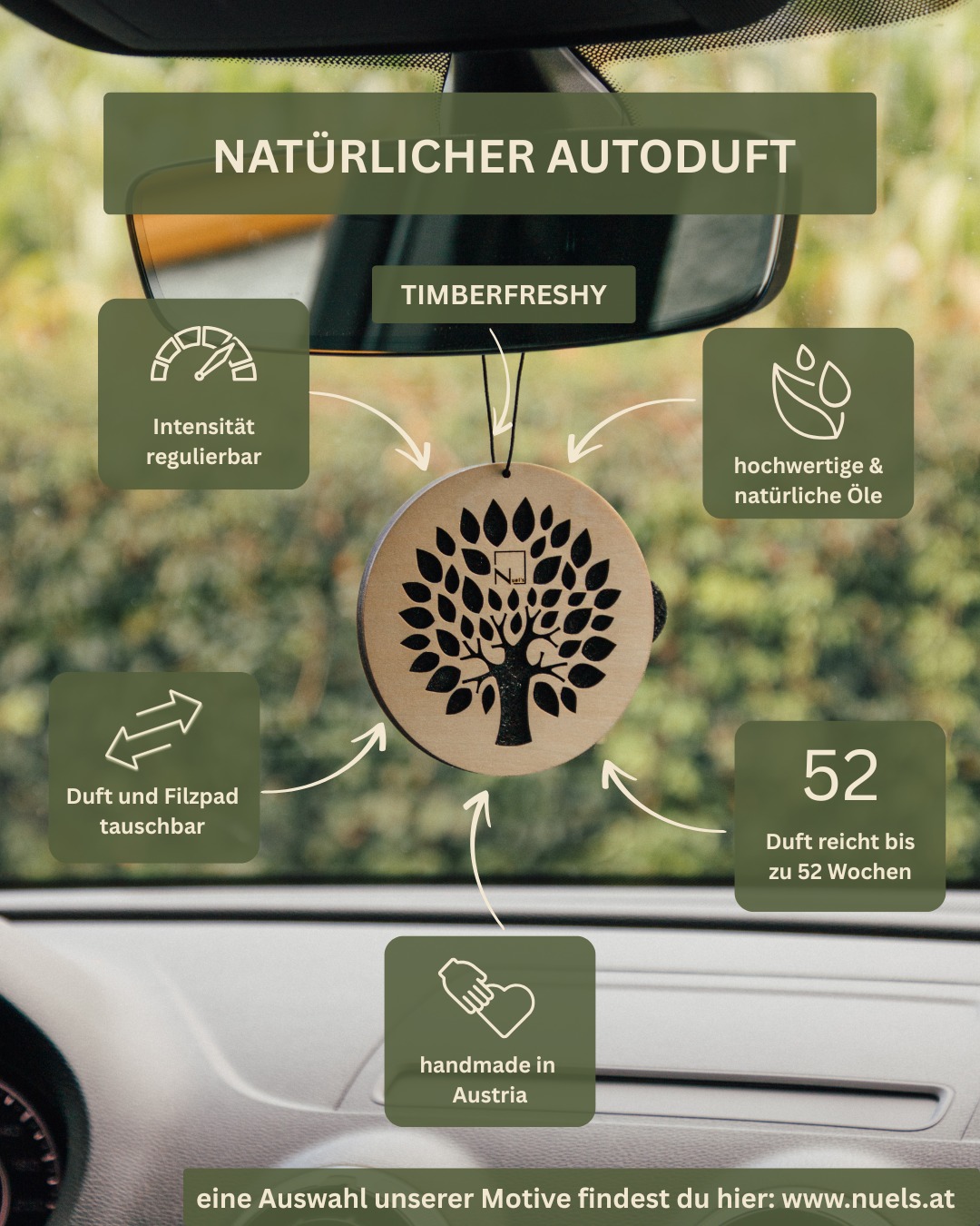 Dein eleganter Beifahrer im Auto: Timberfreshy© 🚗💨 ✓ Intensität regulierbar – so duftet dein Auto genau so, wie du es willst. ♻️ Duft & Filzpad austauschbar – für extra langes Frische-Erlebnis. 🪵