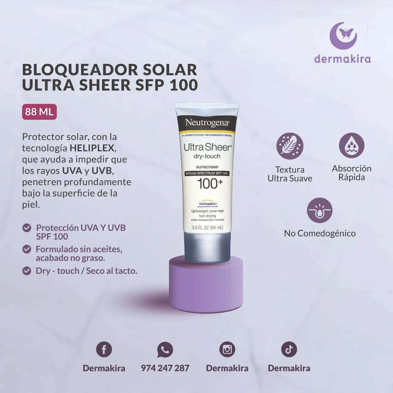 Dermakira - BLOQUEADOR SOLAR ULTRA SHEER Protege tu rostro de la luz ...