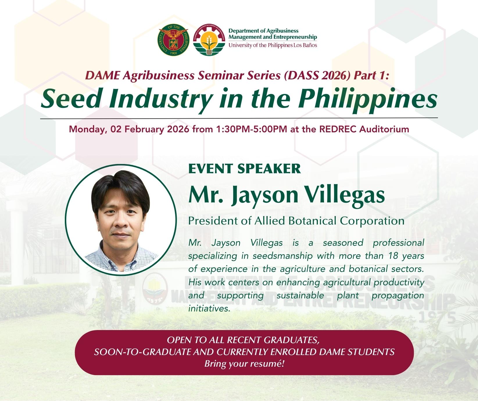 DAME Agribusiness Seminar Series (DASS 2026) Part I: Seed Industry in ...