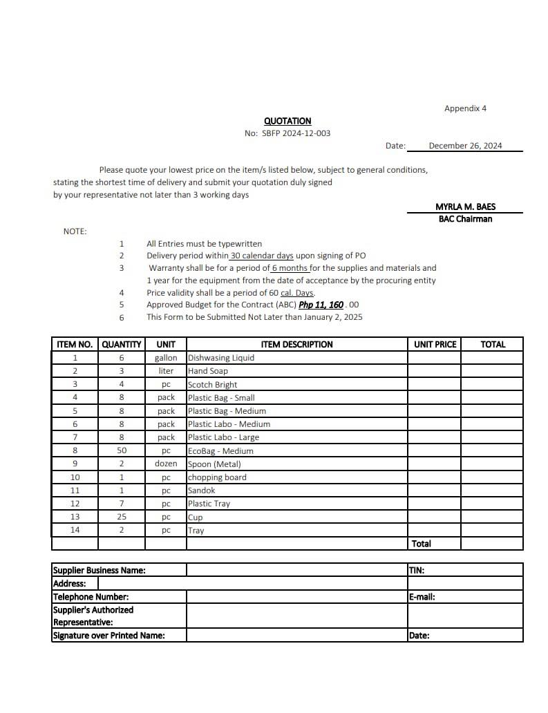 Deped - SBFP RFQ No 2025-12-003 For any intent, please send your lowest ...