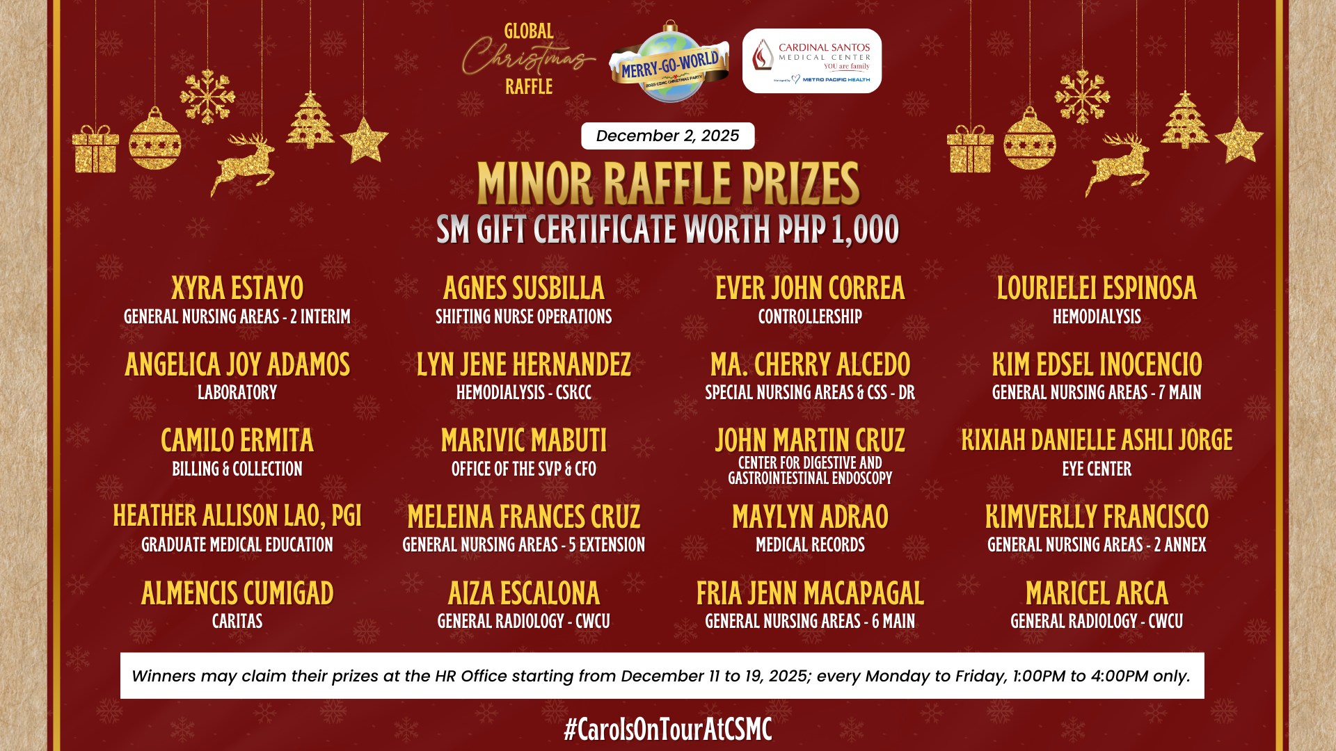CSMC - Congratulations to our December 2 Minor Raffle Prize Winners ...