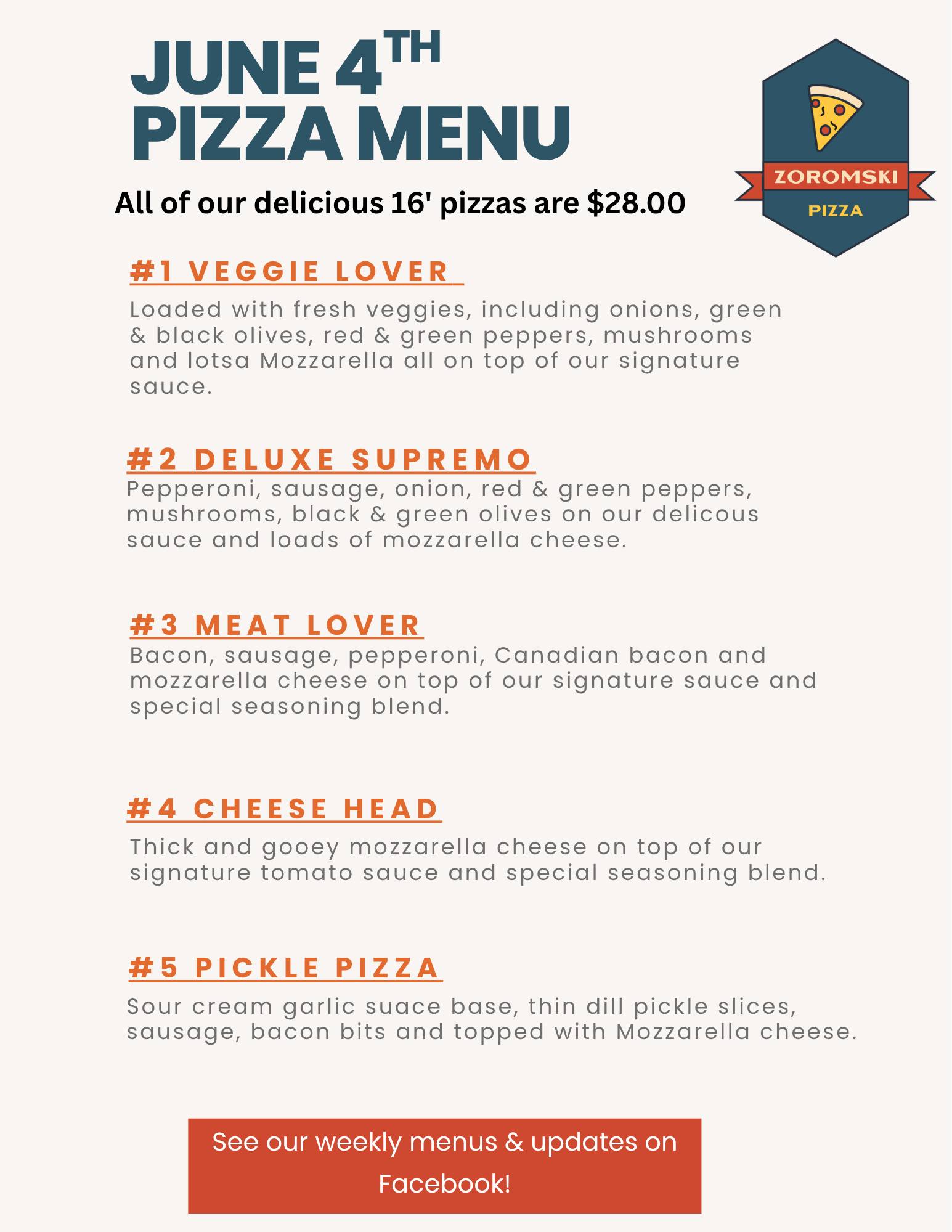 Zoromski Homestead Farm's pizza menu for June 4th