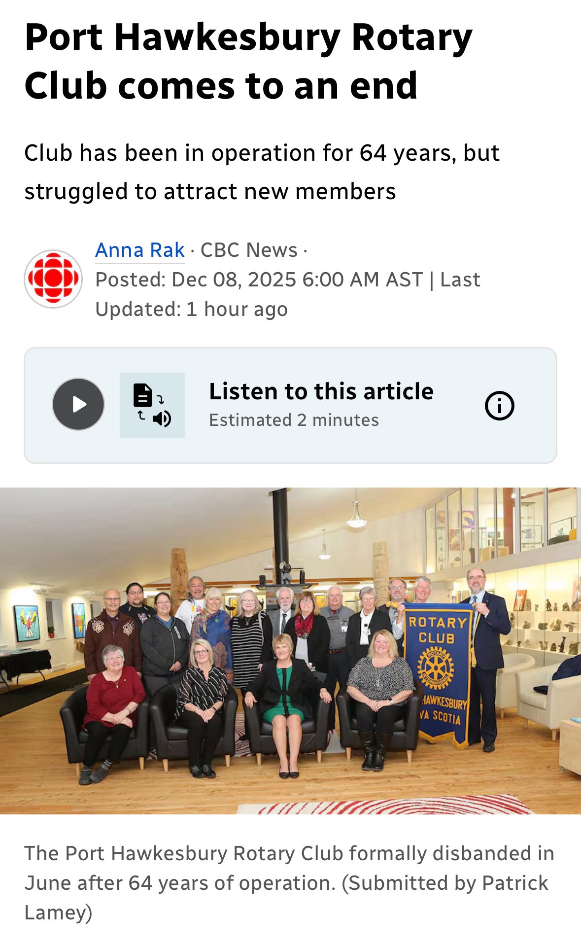 Here is CBC Nova Scotia’s... - Rotary Club of Port Hawkesbury | Facebook