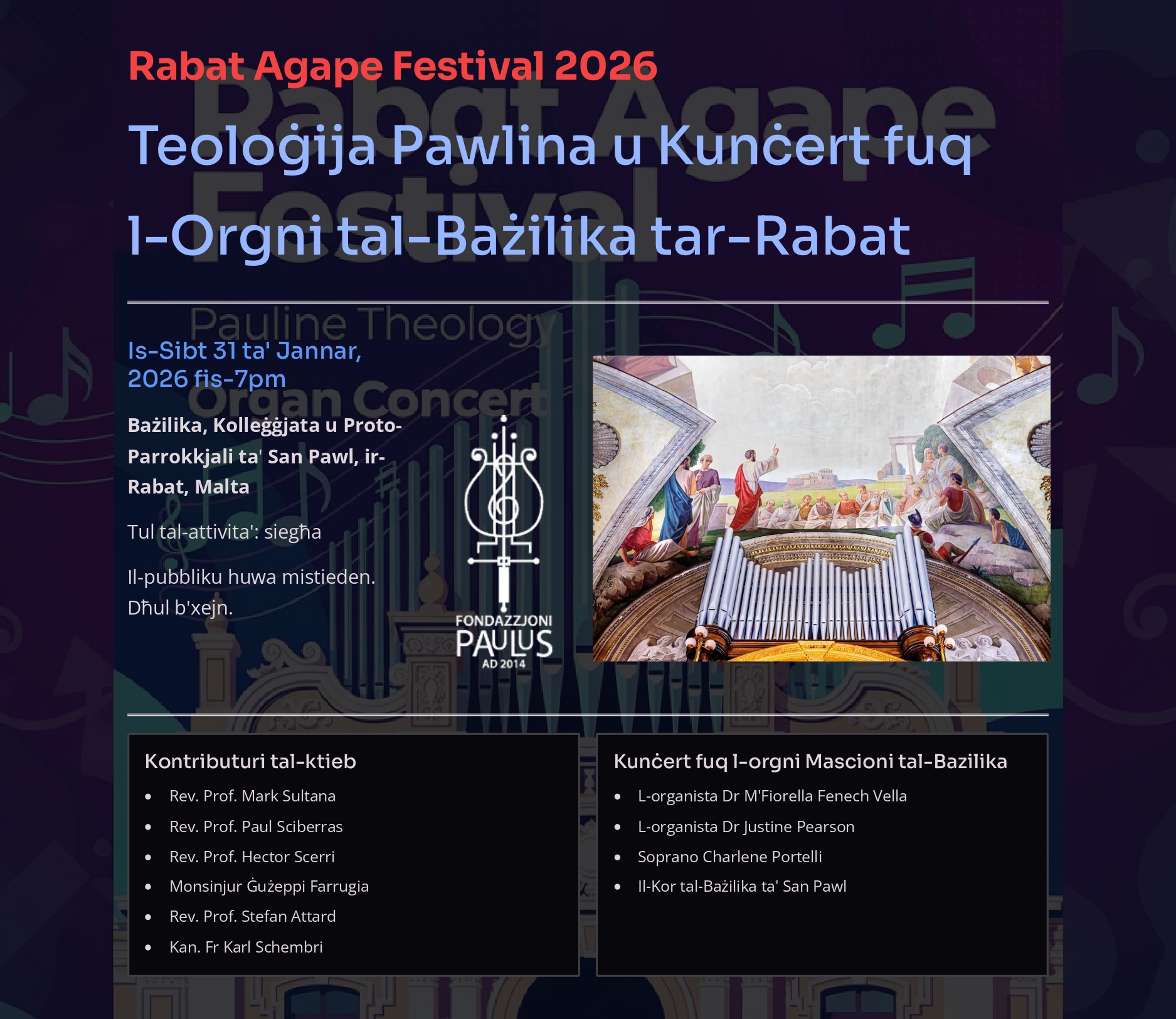 Rabat Agape Festival 2026 - Is-Sibt,... - Fondazzjoni Paulus | Facebook