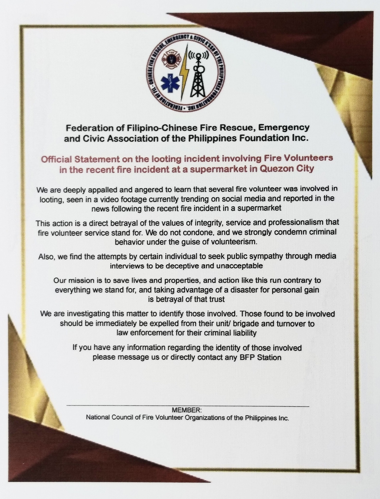 Official statement on the looting... - Federation Fire Rescue | Facebook