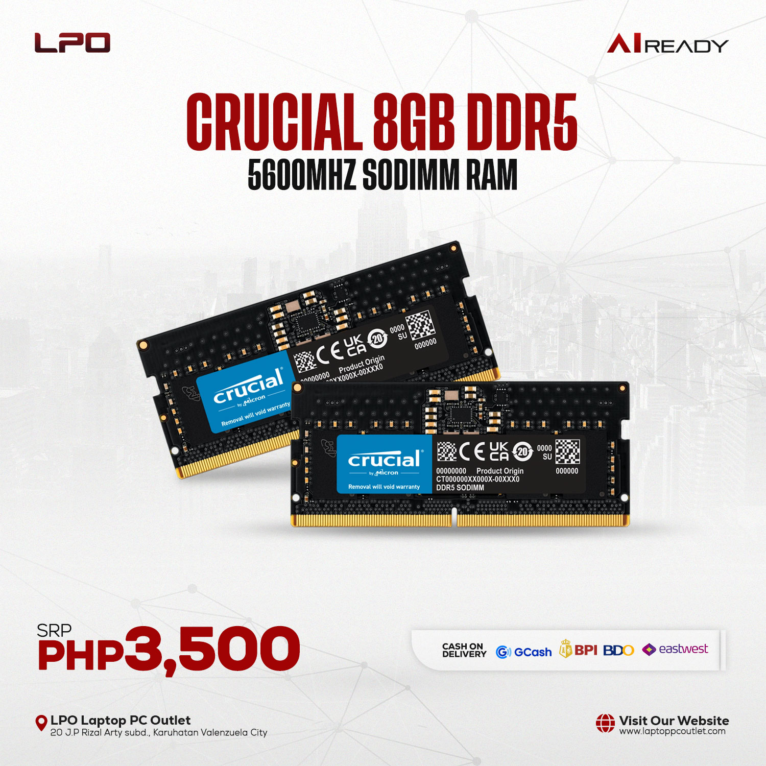 Brand New Crucial 8GB DDR5 5600MHz SODIMM RAM ▫ Price: ₱3,500.00 