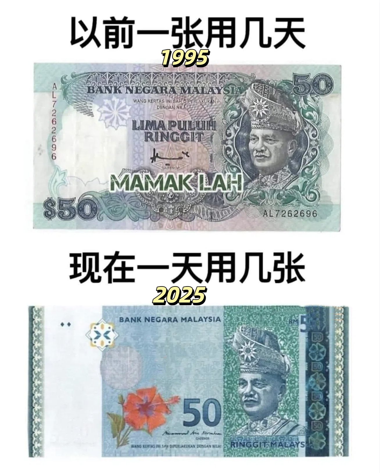 马来西亚大件事 - 1995年RM50 vs 2025年RM50 ！我们来看看： 30年前的50令吉和今天的50令吉！ | Facebook