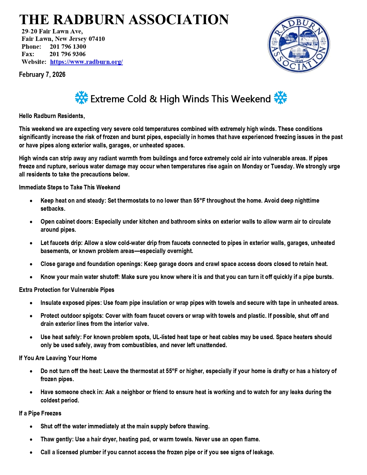 ️Extreme Cold & High Winds This... - The Radburn Association | Facebook