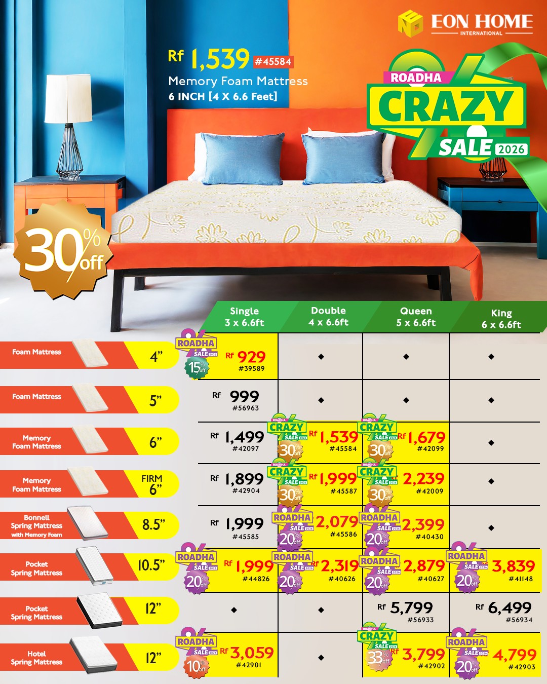 Amazing roadha sale offer on selected mattresses. Eon Home - One
